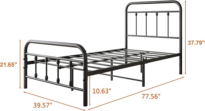 Vintage Twin Size Bed Frame with Headboard and Footboard Mattress Heavy Duty Metal Platform, Steel Slat Support (Twin, Black Sanded) - LeafyLoom