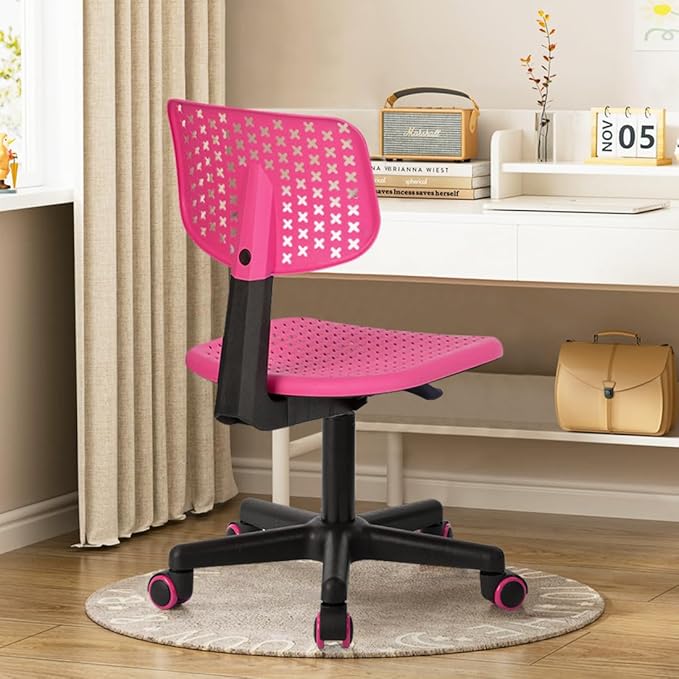 Desk Chair Armless Cute Office Chair, Low Back Rolling Home Office Task Chair Adjustable Swivel Study Chair for Girls Teens Adults Children Kids, Pink - LeafyLoom