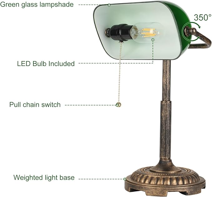 Bankers Lamp, Green Desk Lamp with Pull Switch, Vintage Table Lamps for Home Office, Library, Piano LED Bulb Included (Green) - LeafyLoom