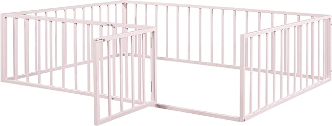 RITSU Queen Size Metal Floor Fence Bed, Montessori Bedframe, with Safety Guardrail and Door, for Children Bedroom, Boys Girls, Apartment, Strong & Durable, Easy to Assemble, Pink - LeafyLoom