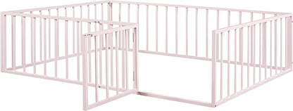 RITSU Queen Size Metal Floor Fence Bed, Montessori Bedframe, with Safety Guardrail and Door, for Children Bedroom, Boys Girls, Apartment, Strong & Durable, Easy to Assemble, Pink - LeafyLoom