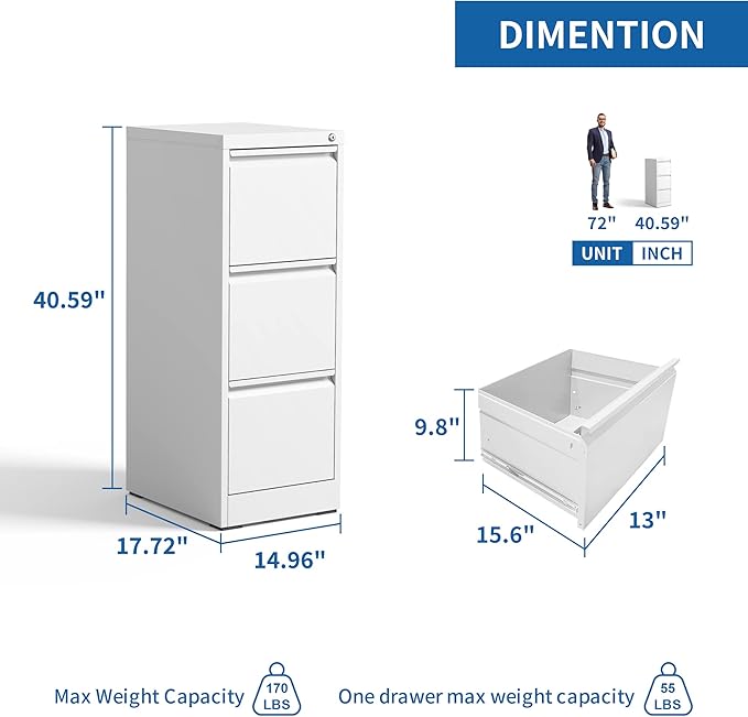 Vertical File Cabinet with Drawer, 3 Drawer File Cabinet with Lock, Filing Cabinets for Home Office, Hanging Files for A4/ Legal/Letter, White - LeafyLoom