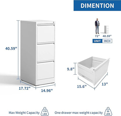 Vertical File Cabinet with Drawer, 3 Drawer File Cabinet with Lock, Filing Cabinets for Home Office, Hanging Files for A4/ Legal/Letter, White - LeafyLoom