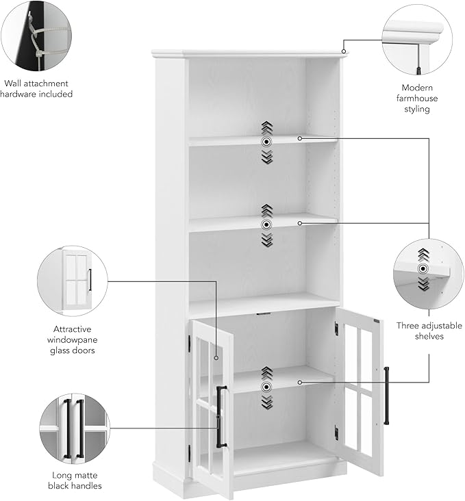 Bush Furniture Westbrook Tall 5 Shelf Bookcase with Glass Doors in White Ash | Farmhouse Bookshelf Cabinet for Living Room and Home Office - LeafyLoom