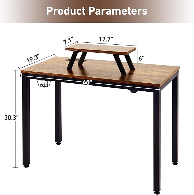 Computer Desk with Power Strip and Monitor Stand, 40" Desk for Home Office Small Space, Small Writing Desk Study Table Workstation with Cup Holder Headphone Hook, Easy Assembly - LeafyLoom