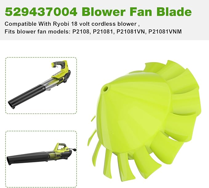 529437003/529437004/529437001 Blower Fan Blade for Ryobi 18 Volt/Homelite Blower Fan P2108 P21081 P21081VN P21081VNM (W/Insert Nut - LeafyLoom