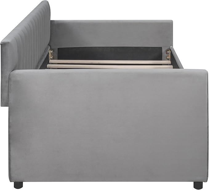 Velvet Upholstered Twin Daybed with Two Storage Drawers, Solid Wooden Sofa Bed Frame w/Vertical Stripes Designed Backrest and Pine Legs, Space-Saving Design, Gray - LeafyLoom