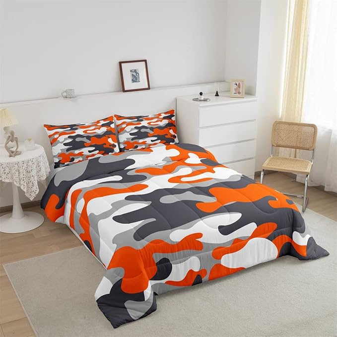 Feelyou Full Size Camouflage Comforter Set 3Pcs Kids Bedding Set for Boys Girls Teens 1 Comforter & 2 Pillowcases(Full,Orange) - LeafyLoom