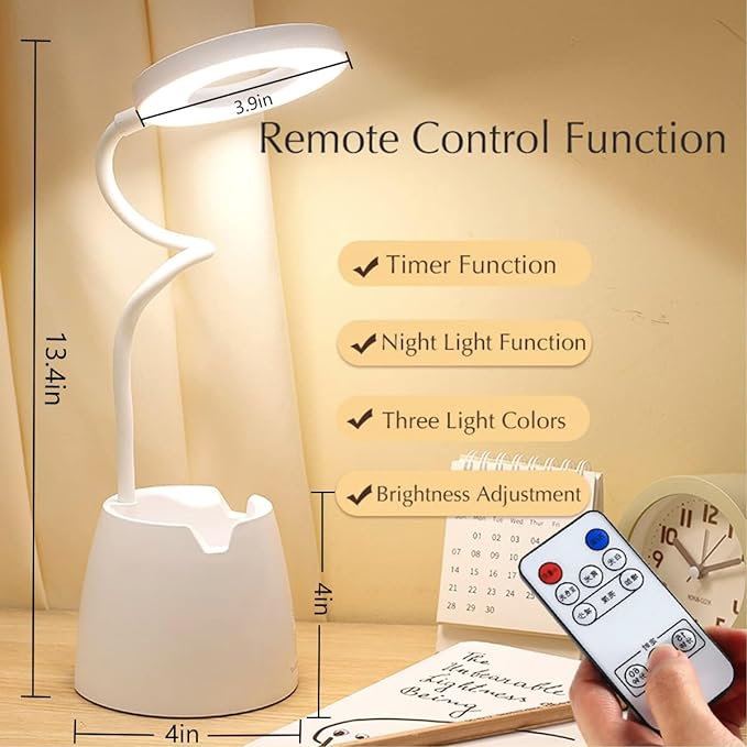 Desk Lamp, Desk Lamps for Home Office, Led Touchable Light, Remote Controlled, Dimmable, 3 Color Modes, Gooseneck, Small White Lamp, Led Table Light, Dorm Lamp, Rechargeable Study Table Lamp - LeafyLoom