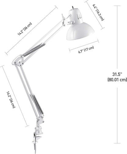 Globe Electric 52847 31.5" Swing Arm Clamp-On Desk Lamp, Glossy White, Nickel Accents, On/Off Rotary Switch, Partially Adjustable Swing Arm, Reading Light, Home Essentials, Office Décor - LeafyLoom