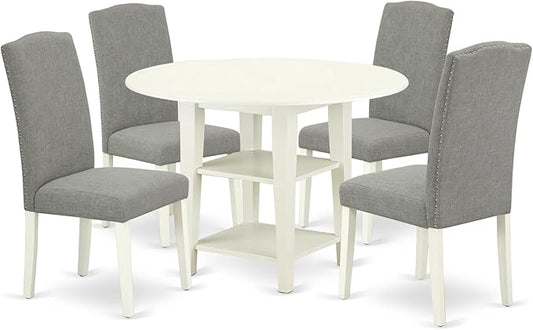 East West Furniture SUEN5-LWH-06 5 Piece Kitchen Table Set for 4 Includes a Round Dining Table with Dropleaf & Shelves and 4 Dark Shitake Linen Fabric Parsons Chairs, 42x42 Inch, Linen White - LeafyLoom