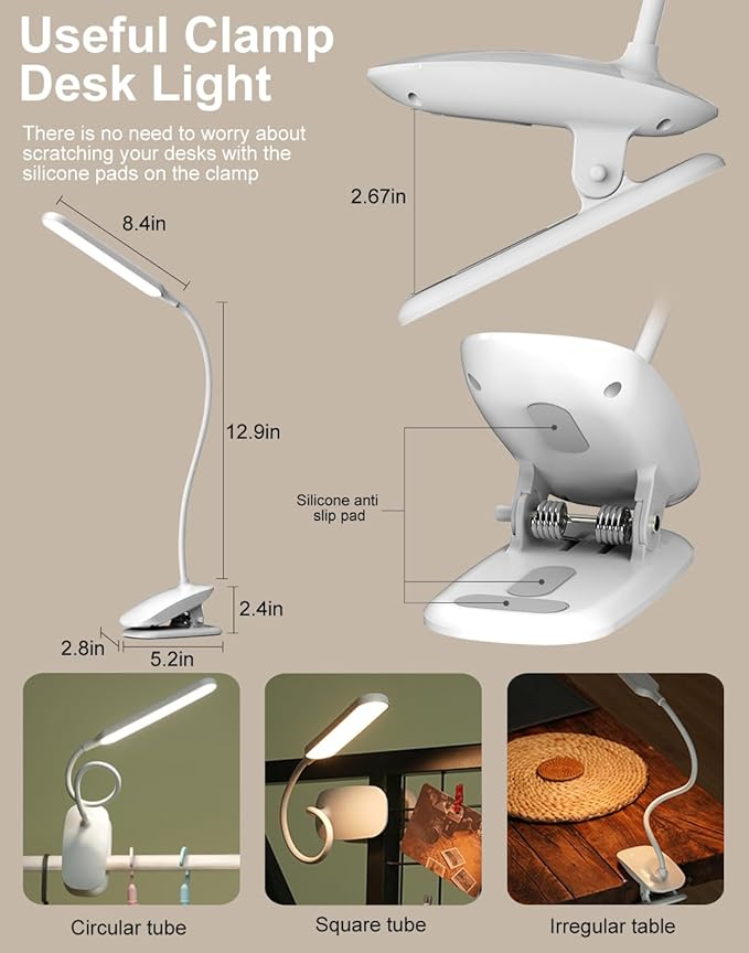 Desk Lamp, Table Lamp 1500mAh Dimmable Reading Lamp with Clamp and Type-C Charging Port, Desk Light for Home Office Reading Working Studying Gooseneck Adjustable Flexible - White - LeafyLoom