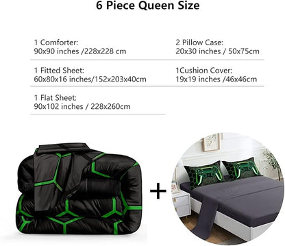 6 Pieces Gaming Bedding Set for Boys Gamer Comforter Set Queen Size,Video Game Comforter for Kids Adult 3D Gaming Geometric Microfiber Bedding Sets 6 Pieces Bed in A Bag Sets H50021,Queen - LeafyLoom