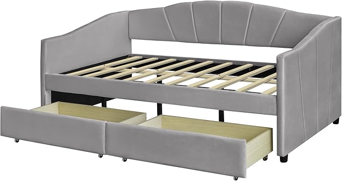 Twin Size Upholstered Daybed with Two Drawers, Wood Slat Support Sofa Bed with Armrest, No Box Spring Needed, Easy to Assemble, for Studio, Bedroom, Living, Guest Room, Gray - LeafyLoom