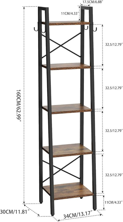 YMYNY 5 Tiers Ladder Bookcase, Industrial Narrow Bookshelf, Open Display Rack with 4 S Hooks, Metal Storage Shelves for Bedroom, Home Office, Living Room, Rustic Brown, 63H*13.4L*11.8W, UHBC025H - LeafyLoom