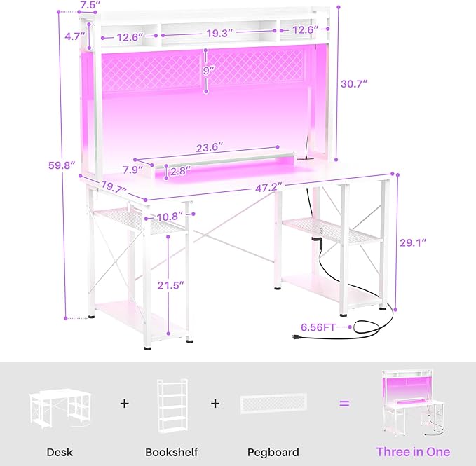 armocity 2024 Upgrade Gaming Desk with Hutch, 48'' Magic Computer Desk with LED Lights and Outlets, Reversible Workstation Desk with Pegboard and Monitor Stand, 48 Gamer Desk PC Table, White - LeafyLoom