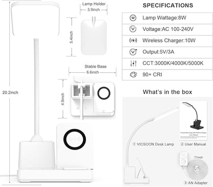 Desk Lamp, Desk Lamps for Home Office with USB Port Pen holder Wireless Charger 360 Gooseneck 3 Color Modes Dimmable Touch Square 800 Lumens CRI 85, Desk Light for college dorm room, White - LeafyLoom