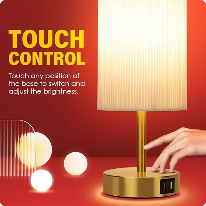 Bedside Lamp with USB port - Touch Control Table Lamp for Bedroom Wood 3 Way Dimmable Nightstand Lamp with Round Pleated Shade for Living Room, Dorm, Home Office (LED Bulb Included) (Pleated) - LeafyLoom