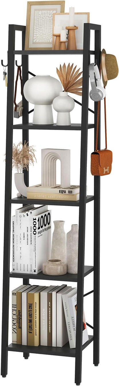 YMYNY 5 Tiers Ladder Bookcase, Industrial Narrow Bookshelf, Open Display Rack with 4 S Hooks, Metal Storage Shelves for Bedroom, Home Office, Living Room, Black, 63H*13.4L*11.8W, UHBC025B - LeafyLoom