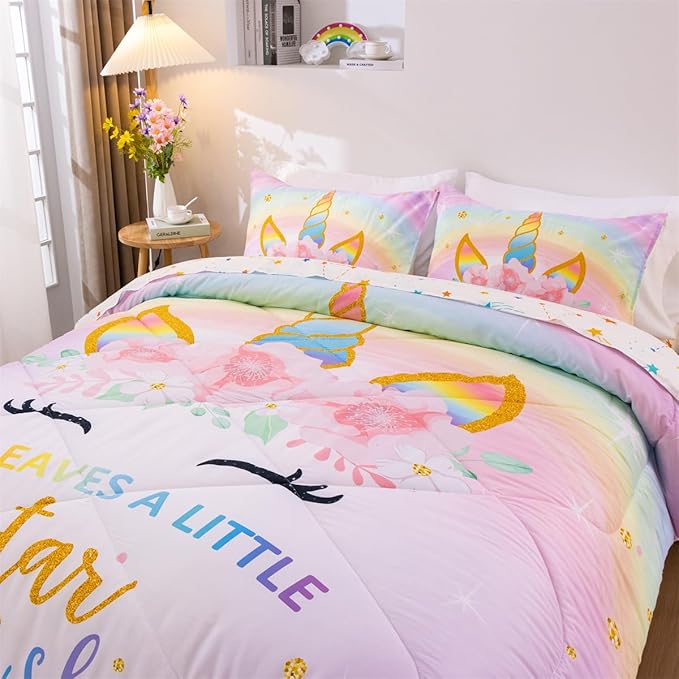 NTBED Unicorn Twin Comforter Set with Sheets,5 Pieces Kids Bedding Sets for Girls, Lightweight Microfiber Star Floral Bed in a Bag, Rainbow - LeafyLoom