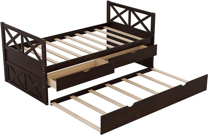 Twin Size Daybed with Storage Drawers and Trundle, Wood Captains Bed frame for Bedroom and Living Room, Espresso - LeafyLoom