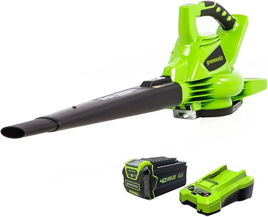 Greenworks 40V (185 MPH / 340 CFM / 75+ Compatible Tools) Cordless Brushless Leaf Blower / Vacuum, 4.0Ah Battery and Charger Included - LeafyLoom