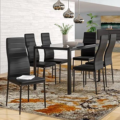 IDS Home 7 Piece Glass Dining Table and Chair Set for 6 Kitchen Dining Room Furniture Rust Resistant Metal Leg Frame Black - LeafyLoom