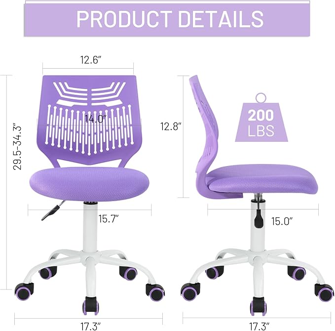 Kids Desk Chair, Armless Home Office Task Chair with Mesh Padded Cushion, Swivel Study Computer Chair with Rolling Wheels for Children Student, Purple - LeafyLoom