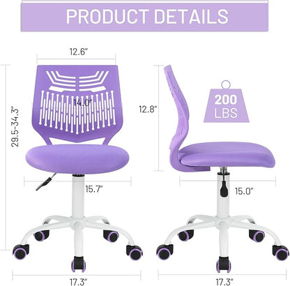 Kids Desk Chair, Armless Home Office Task Chair with Mesh Padded Cushion, Swivel Study Computer Chair with Rolling Wheels for Children Student, Purple - LeafyLoom