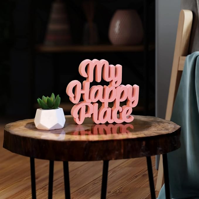 My Happy Place Peach Aesthetic Table Decor - Home, Office Desk, Shelf. Quirky Room Decoration Showpiece, Birthdays, Corporate Gifts, and Inspirational Wall Decor. - LeafyLoom