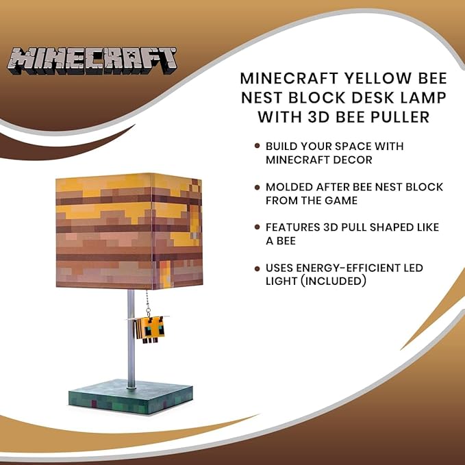 Minecraft Yellow Bee Nest Block Desk Lamp with 3D Bee Puller | Nightstand Table Lamp with LED Mood Light for Bedroom, Desk, Living Room, Playroom | Home Decor Kids Room Essentials | Video Game Gifts - LeafyLoom