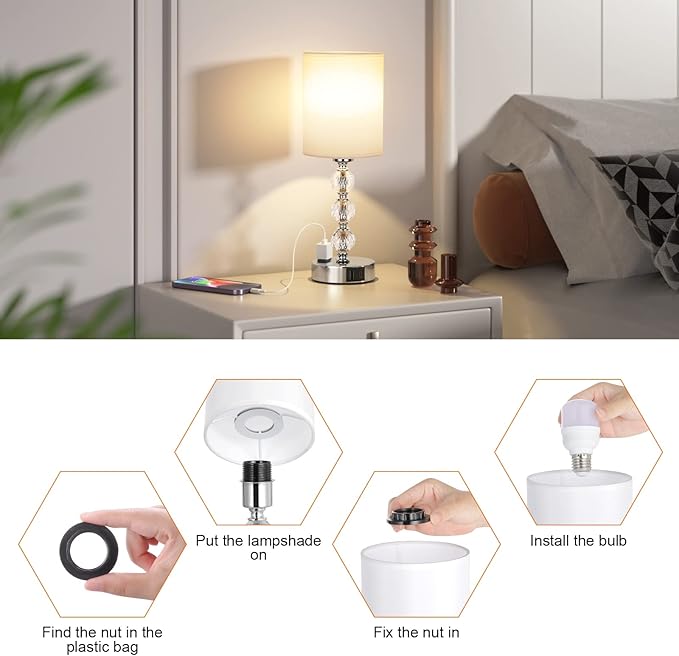 Touch Bedside Crystal Lamps for Bedrooms Nightstand with USB C+A Charging Port and AC Outlet White, 3 Way Dimmable Silver Small End Side Table Lamp for Living/Guest/Dinning Room/Kitchen - LeafyLoom