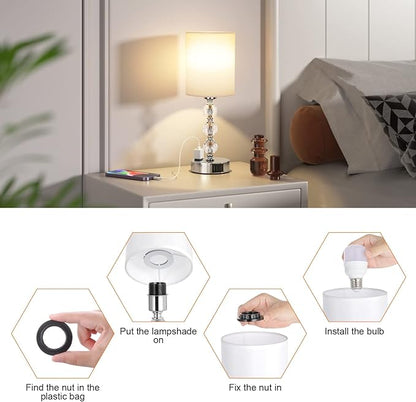 Touch Bedside Crystal Lamps for Bedrooms Nightstand with USB C+A Charging Port and AC Outlet White, 3 Way Dimmable Silver Small End Side Table Lamp for Living/Guest/Dinning Room/Kitchen - LeafyLoom