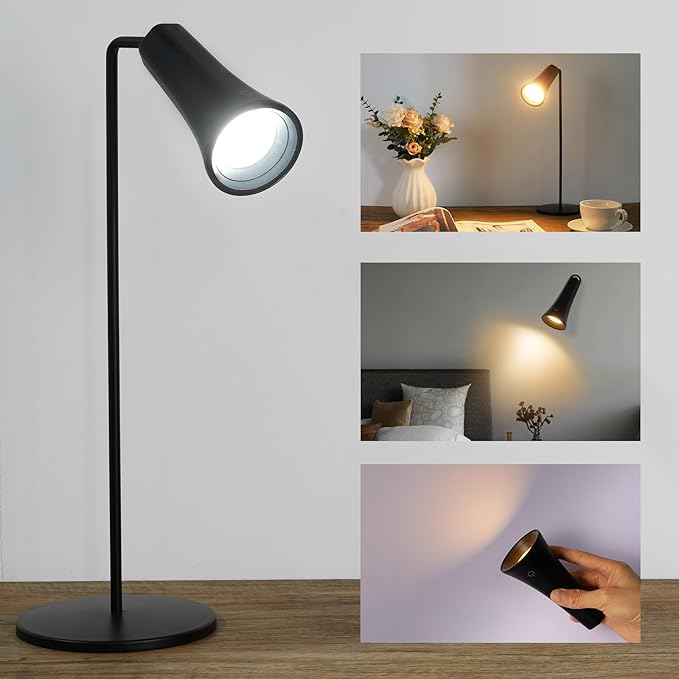 LED Desk Lamp, Cordless Rechargeable Table Lamp with 3 Brightness Levels, Dimmable, Removable Touch Lamp for Reading Bedroom Home Office Study (Black) - LeafyLoom