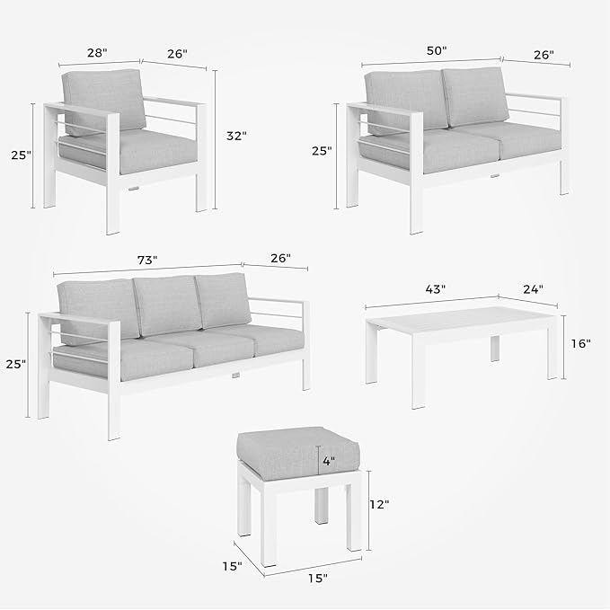 Solaste Aluminum Patio Furniture Set,4 Piece Metal Outdoor Furniture with 5 Inch Water-Resistant Cushions and Coffee Table for Balcony,Front Porch,and Backyard,White - LeafyLoom