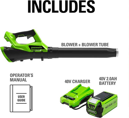 Greenworks 40V (115 MPH / 430 CFM) Brushless Axial Leaf Blower, 2.0Ah Battery and Charger Included - LeafyLoom