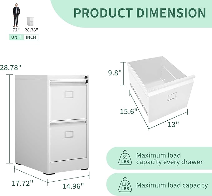 2 Drawer File Cabinet,Metal Vertical File Cabinets with Lock for Home Office,Heavy Duty Office Steel Filing Cabinet for Hanging Letters/Legal/A4, Assembly Required (White) - LeafyLoom