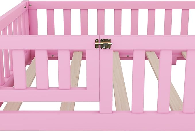 Multifunctional Twin Size Floor Bed with Safety Guardrails and Door, Removable Wood Slats, Montessori Beds Frame for Toddlers, for Boys and Girls, Pink - LeafyLoom