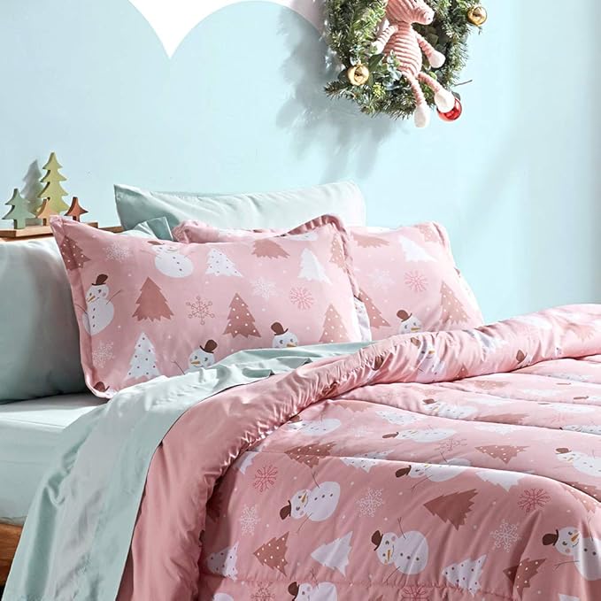 SLEEP ZONE Kids Twin Bedding Comforter Set - Super Cute & Soft Kids Bedding 5 Pieces Set with Comforter, Sheet, Pillowcase & Sham (Pink Snowman) - LeafyLoom