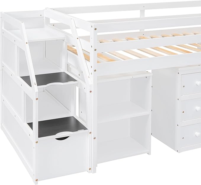 Loft Bed Frame, Twin Size Low Loft Bed with Storage Stairs, Shelves, Retractable Writing Desk and 3 Drawers, Wooden Twin Lofbed Frame for Kids Boys Girls Bedroom, Space-Saving Design, White - LeafyLoom