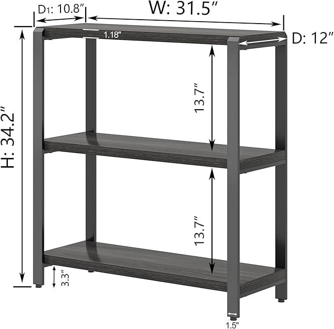 FOLUBAN Rustic Small Bookshelf and Bookcase, 3 Tier Low Short Book Shelf, Industrial Metal and Wood Book Case for Bedroom Living Room, Dark Gray - LeafyLoom