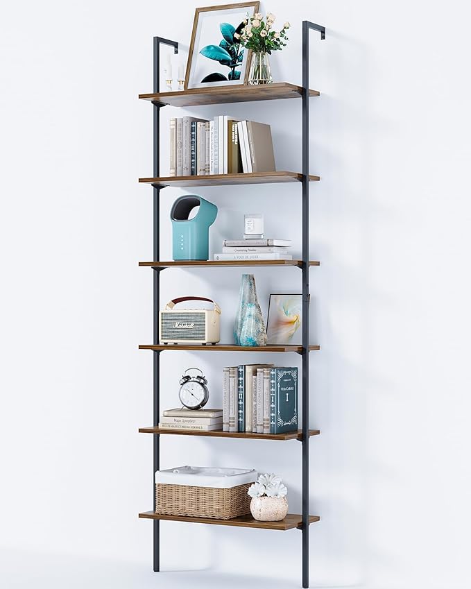 ODK 6-Tier Ladder Shelf, 87 Inches Wall Mounted Ladder Bookshelf with Metal Frame, Open Industrial Shelves for Home Office, Bedroom and Living Room, Rustic Brown - LeafyLoom