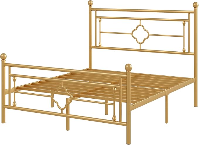 Allewie Full Size Metal Platform Bed Frame with Victorian Vintage Headboard and Footboard/Mattress Foundation/Under Bed Storage/No Box Spring Needed/Noise-Free/Easy Assembly, Gold - LeafyLoom