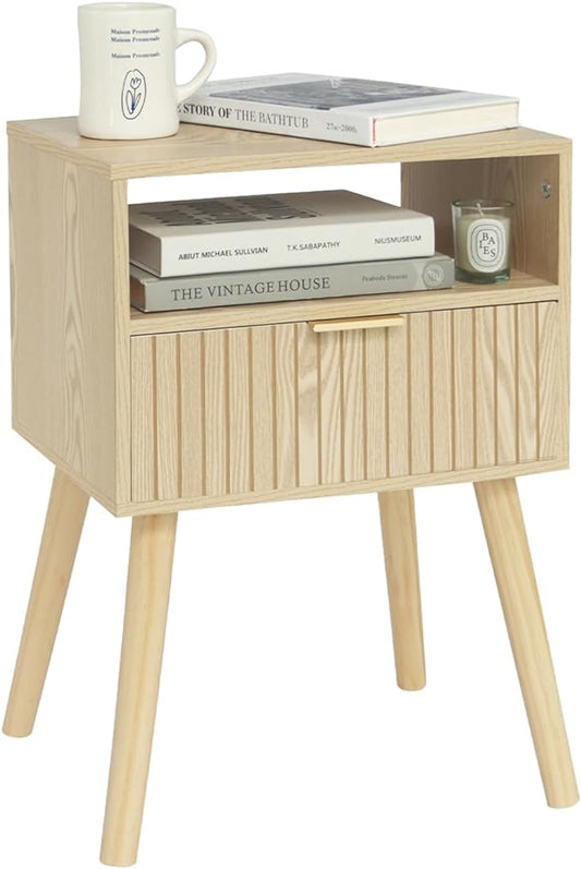 MaxSmeo Small Nightstand Wood Bedside Table with Drawer, Modern End Table for Bedroom and Small Spaces, Solid Wood Legs, Easy Assembly, Natural - LeafyLoom