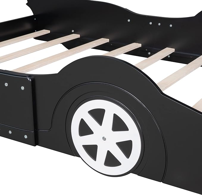 Car Shaped Toddler Bed with Wheels,Racecar Platform Beds W/Safety Guardrail,Slats Support,Stylish Design,Easy Assembly,Wood Full Bedframe for Boys Toddlers Kids Teens Bedroom,Black - LeafyLoom