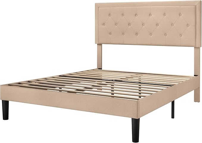 Allewie Full Size Button Tufted Platform Bed Frame/Fabric Upholstered Bed Frame with Adjustable Headboard/Wood Slat Support/Mattress Foundation/Beige (Full) - LeafyLoom