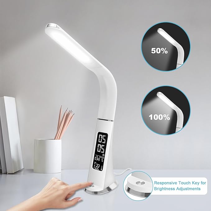 LED Desk Lamp with Digital Display Calendar Temperature,Rechargeable Desk Lamp for Home Office with Adjustable Neck,Dimmable Reading Light with Touch Control,Cordless Study Lamp with USB Charging Port - LeafyLoom