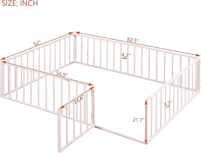 RITSU Queen Size Metal Floor Fence Bed, Montessori Bedframe, with Safety Guardrail and Door, for Children Bedroom, Boys Girls, Apartment, Strong & Durable, Easy to Assemble, Pink - LeafyLoom