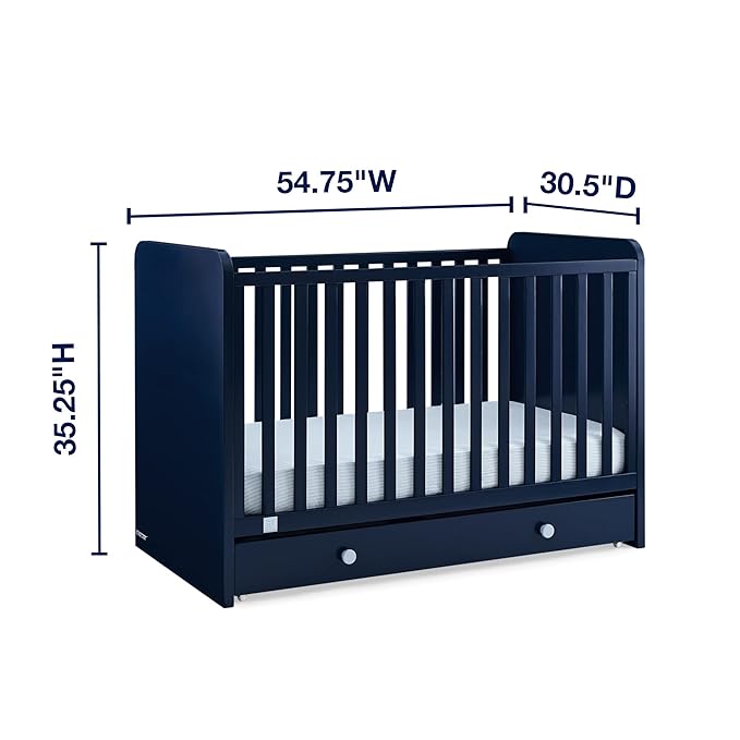 Delta Children babyGap Graham 4-in-1 Convertible Crib with Storage Drawer + Brannan Bear Bookcase with Bins + Brannan Bear Wall Shelf with 4 Hooks, Navy/Light Blue (Bundle) - LeafyLoom