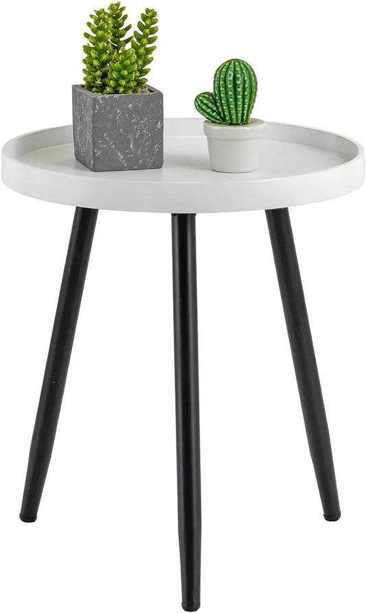 Round Side Table Wooden Tray Table with Metal Tripod Stand Nightstand Coffee Table End Table for Living Room Bedroom Office Small Spaces, 18" H x 15" D (White & Black) - LeafyLoom